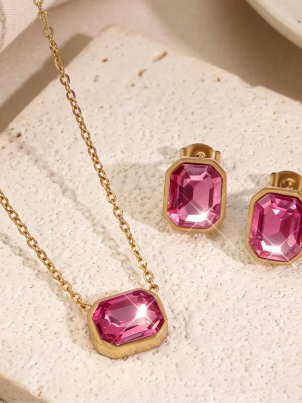 Gold-Plated Pink Crystal Necklace and Stud Earrings Set